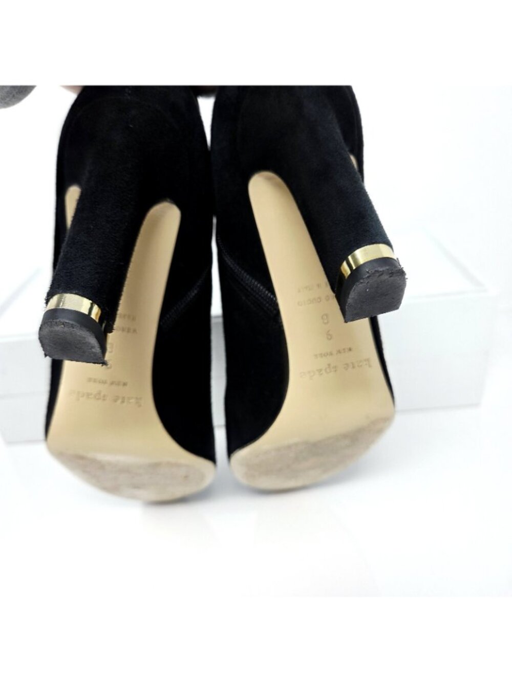 Kate Spade Aldaz Ankle Boots Womens 9 Black Suede Gold Bow Block Heel Booties - Picture 7 of 9
